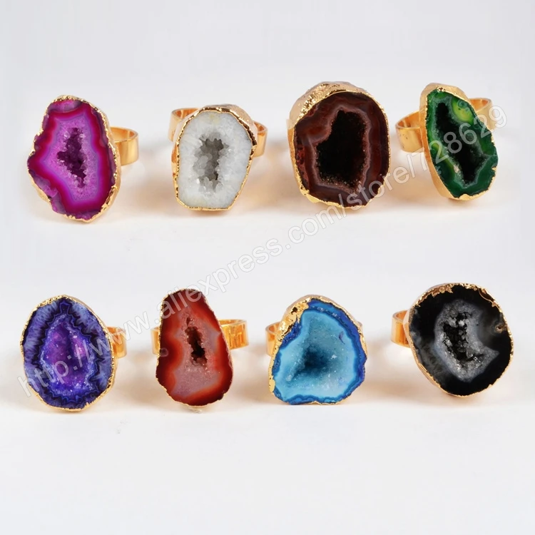 

BOROSA 5pcs Dyed Colors Natural Agates Druzy Geode Ring Freeform Cave Small Drusy Gold Band Rings Gems Jewelry G0140