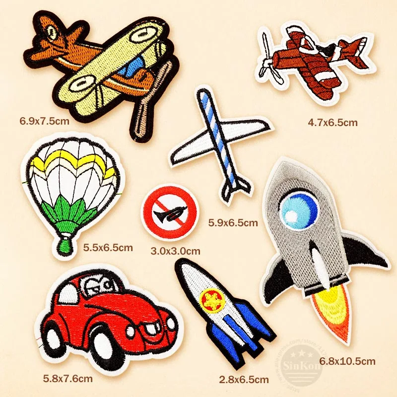 

8pcs/lot Rocket Aircraft Hot Air Balloon DIY Badges Embroidery Repair Patch Applique Ironing Clothing Sewing Supplies Decorative