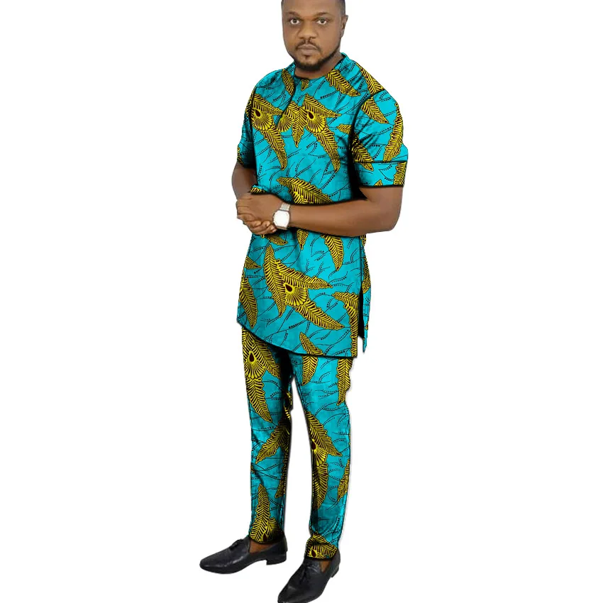 

African print shirts+pant men's set clothing short sleeve top with trouser 2 pieces outfits man wedding wear customized