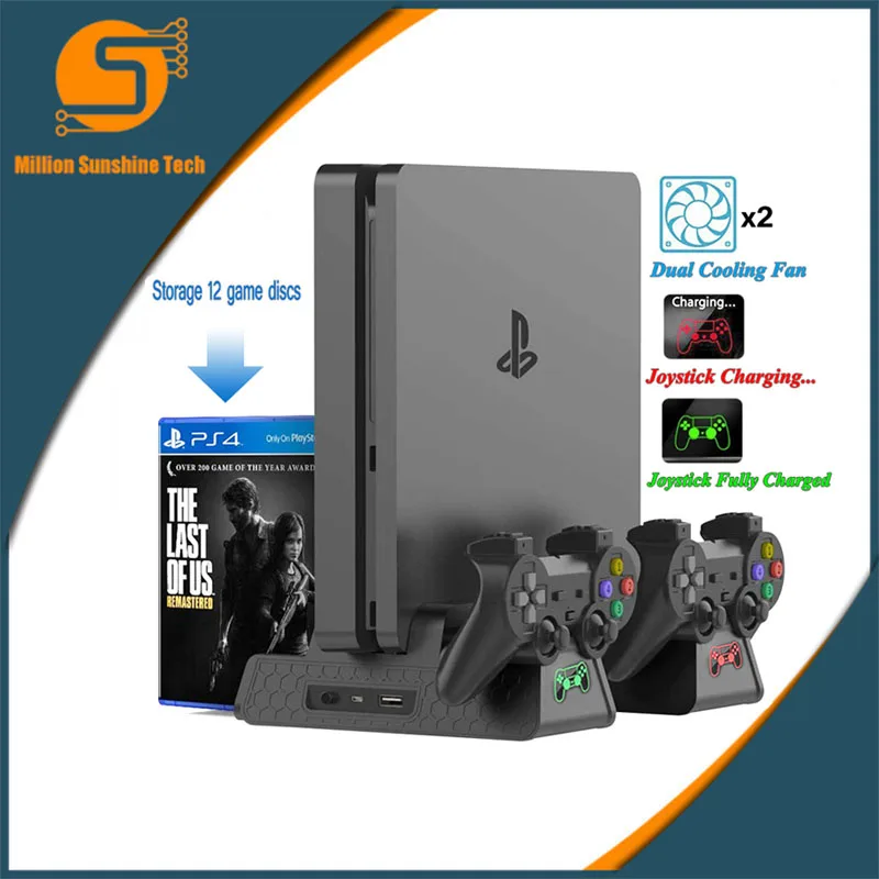 

PS4/PS4 Slim/PS4 Pro Vertical Console Cooling Fan LED Controller Charger Game Disk Storage Stand Tower Base