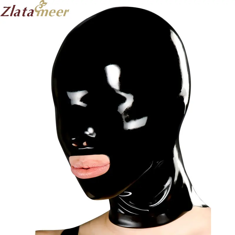 

Sexy Full Face Latex Hood Black Fetish Teddies Latex Mask with Back Zip Open Mouth and Nose Hole LM159