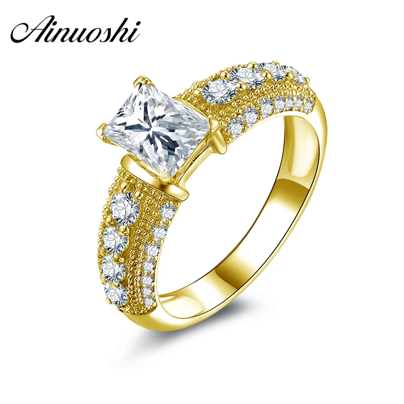 

AINUOSHI 10k Solid Yellow Gold Wedding Rings 1 Carat Rectangle Cut Simulated Diamond Joyeria Fina Shine Women Anniversary Ring