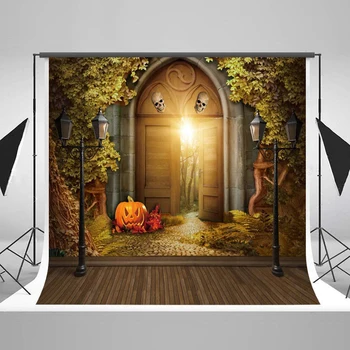 

Photography Background Backdrop 5x7ft Yellow Autumn Photo Background Trees Black Latern Retro Wood Door Halloween Photo Backdrop