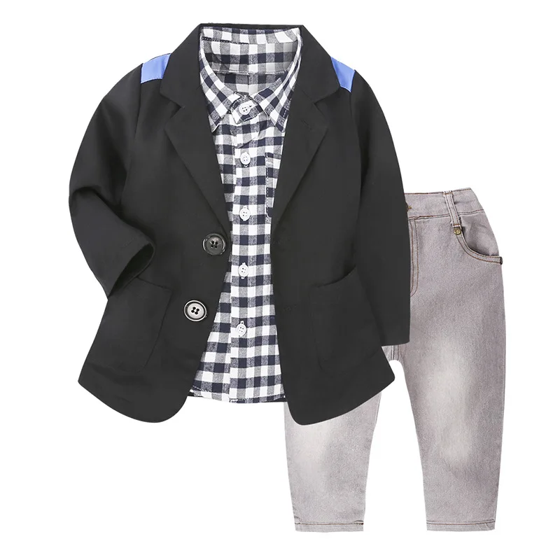 Осенний детский комплект одежды для мальчиков, костюмы из 3 предметов, куртка+ клетчатая футболка+ джинсы, Детские повседневные комплекты одежды для маленьких мальчиков 2-8 лет