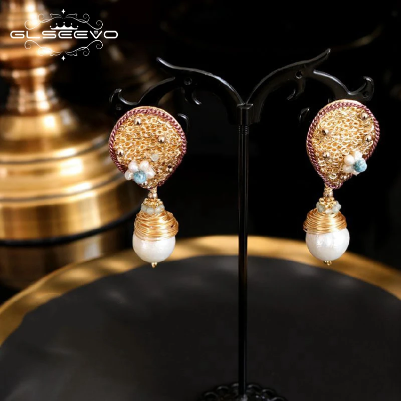 

GLSEEVO Original Natural Fresh Water Pearl Dangle Earrings For Women Wedding Party Boho Drop Earrings Luxury Fine Jewelry GE0651