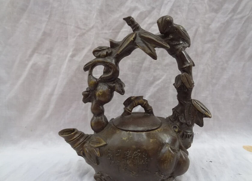 

song voge gem S2776 9" Chinese Bronze Bird Bottle Gourd Flagon Statue HanZi Flower Teapot Wine Pot