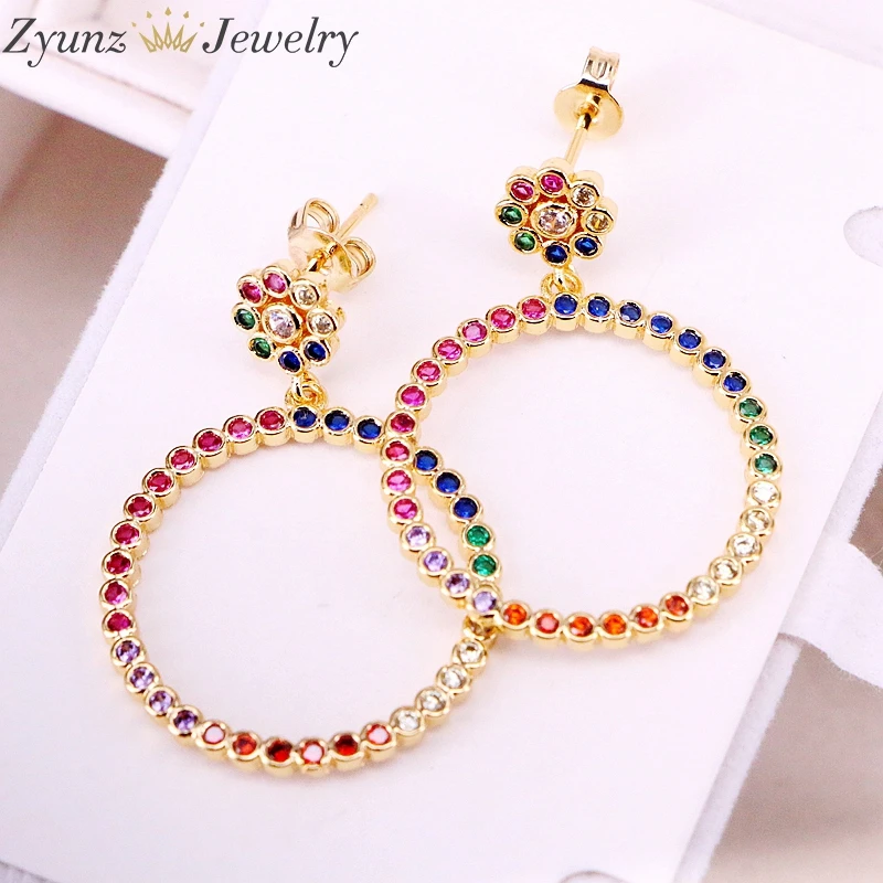 

3Pairs, Crystal Party Earrings Top Quality Micro Pave Zirconia Colorful CZ Circle Drop Dangle Earring