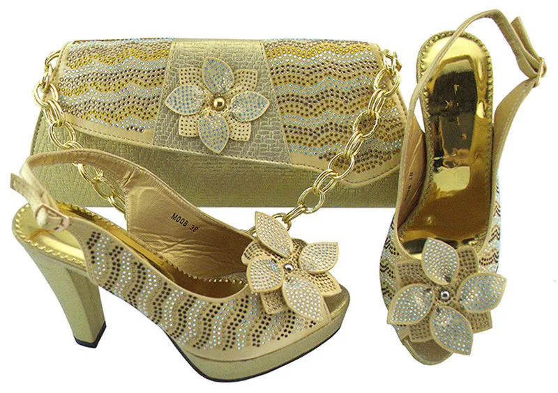 

Graceful gold high heel sandal shoes with handbag set nice matching with evening dress M008 heel height 11cm