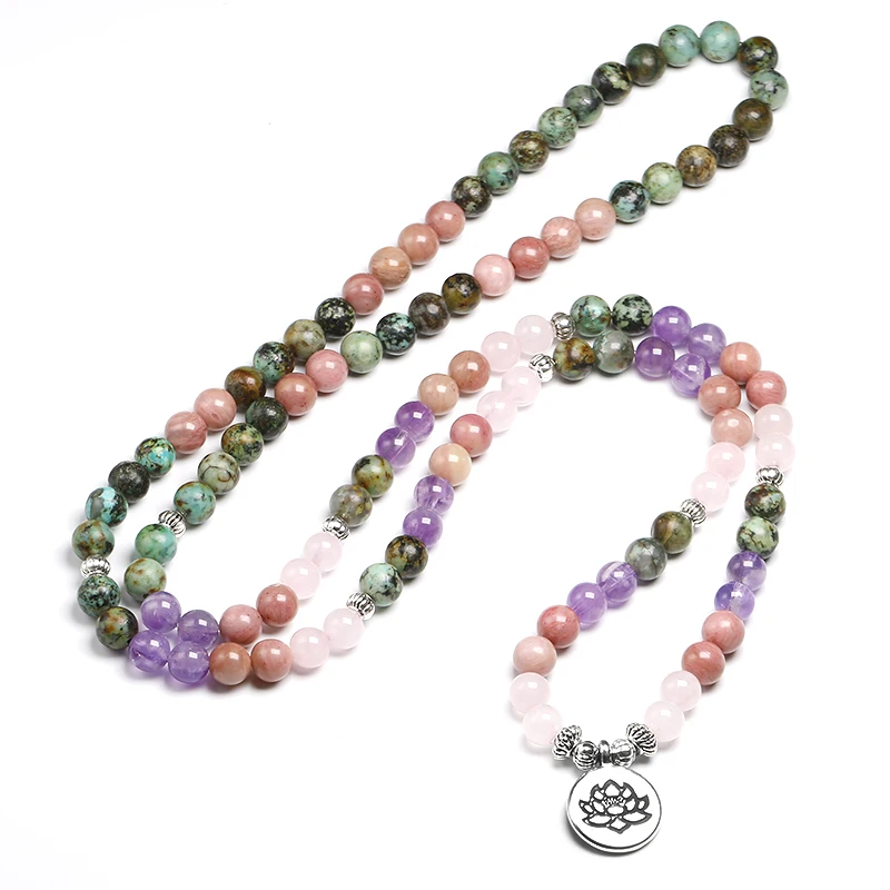 Natural African Turquoise With Rose Quartz Beaded Bracelet Women 6MM Amethys-t and Rhodochrosite Bangle Unisex Jewelry Gift