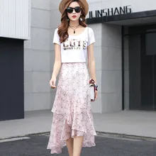 Для женщин шифон с цветочным принтом юбка Новое поступление летние сапоги до середины икры с эластичной резинкой на талии асимметричной юбкой, модное Шифоновая Юбка Для Женщин Saia