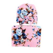 2 шт./компл. мягкий из муслина для новорожденных Комплект постельного белья с одеялом обертывание цветочные принты пеленать одеяло; Банное полотенце+ повязка на голову/шляпа