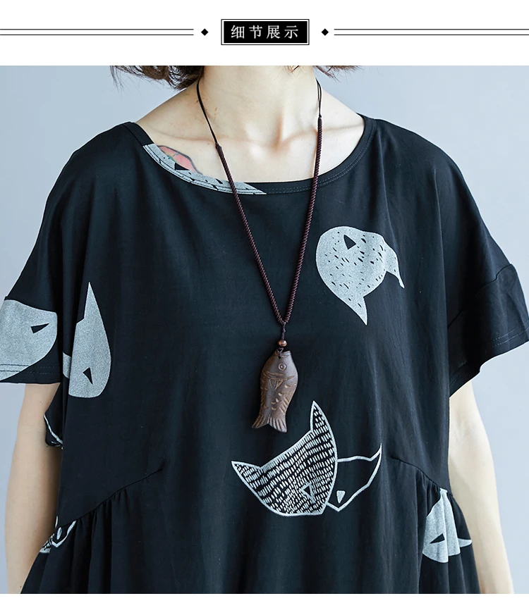 Oversize Summer Dress Plus Size Casual Cotton Linen Women Dress Elegant Cartoon Cat Print Long Maxi Beach Dresses 2019 Vintage8