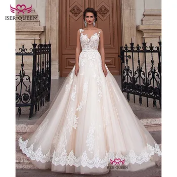 

Pretty Appliques Wedding Dresses Vogue Champagne Sashes A-line Illusion Sweetheart Neckline Embroidered Lace on Net w0047
