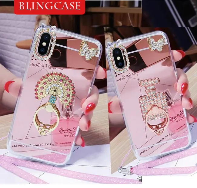

For Huawei Honor 8 8X 9 10 lite 6C Pro 7C 7X 7A 8A 6A Y6 II Y7 Prime Y9 2018 2019 Rhinestone Ring Holder Mirror Case Cover