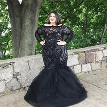 Элегантный черный блесток с длинным рукавом Русалка размера плюс Выпускные платья вырез лодочкой женские Формальные Вечерние платья выпускное длинное платье