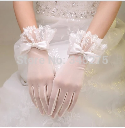 Длина запястья палец галстук-бабочка ремень короткие цвета слоновой кости кружева свадебные перчатки для невесты Свадебные аксессуары