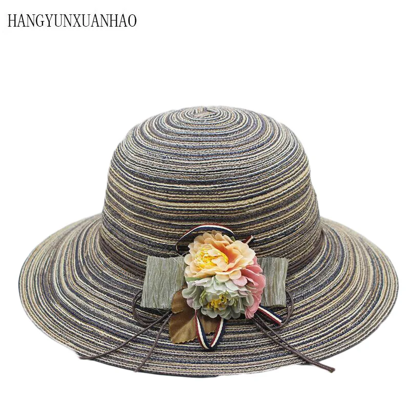 

Foldable Sun Caps Ribbon Round Flat Top Flower Straw Hat Beach Panama Hat Summer Hats For Women Straw Hat Gorras