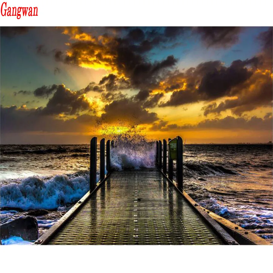 5D Diy Diamond Painting sea Sunset Waves Full Square round Diamond Embroidery Mosaic Nature view Picture of Rhinestones Home Decor