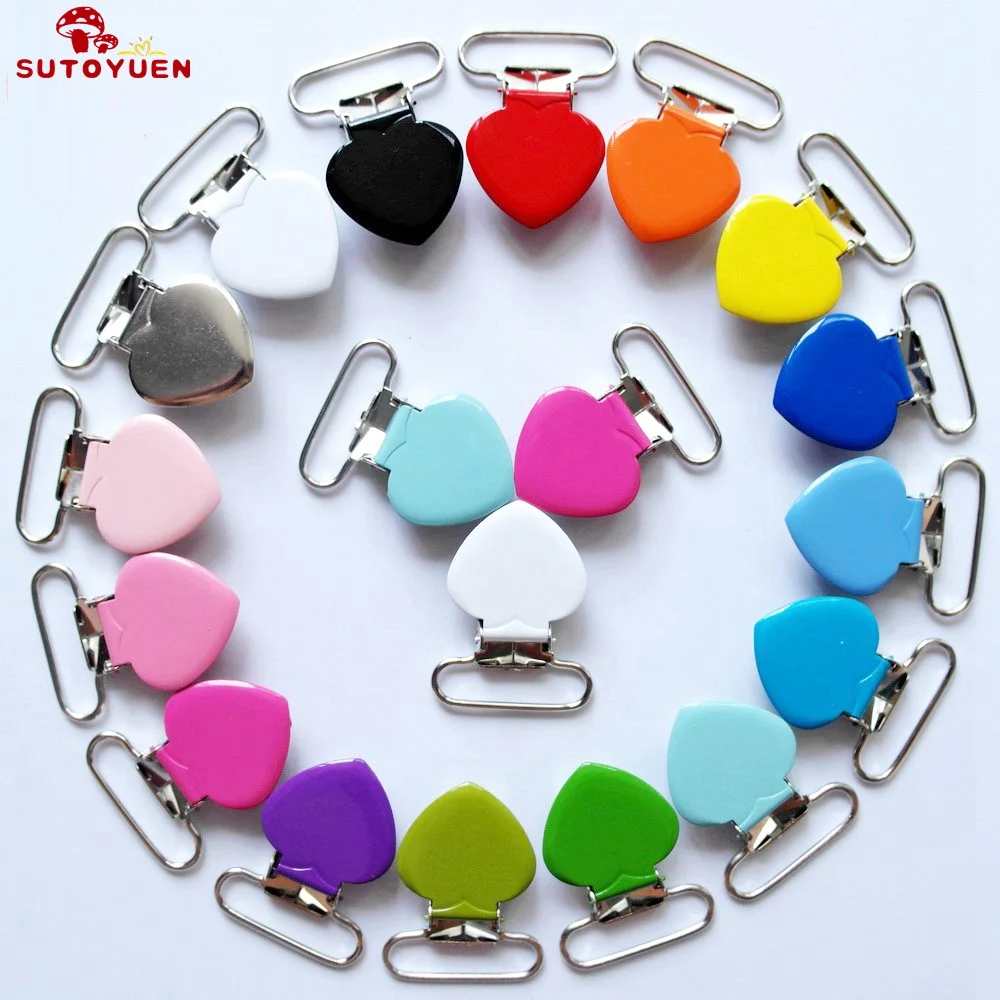 

Free Shipping New Baby Dummy Heart Metal Pacifier Clips Holders 1'' 25mm Heart Suspender Clips s 32 pcs/lot mix 16 Colors