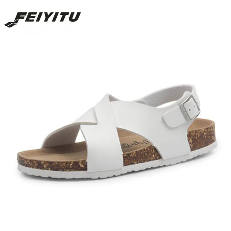 

Feiyitu New Men Beach Cork Sandals Flat with Casual Couple Summer Buckle Strap Sandalias Shoe Plus size 35-43 white black silver