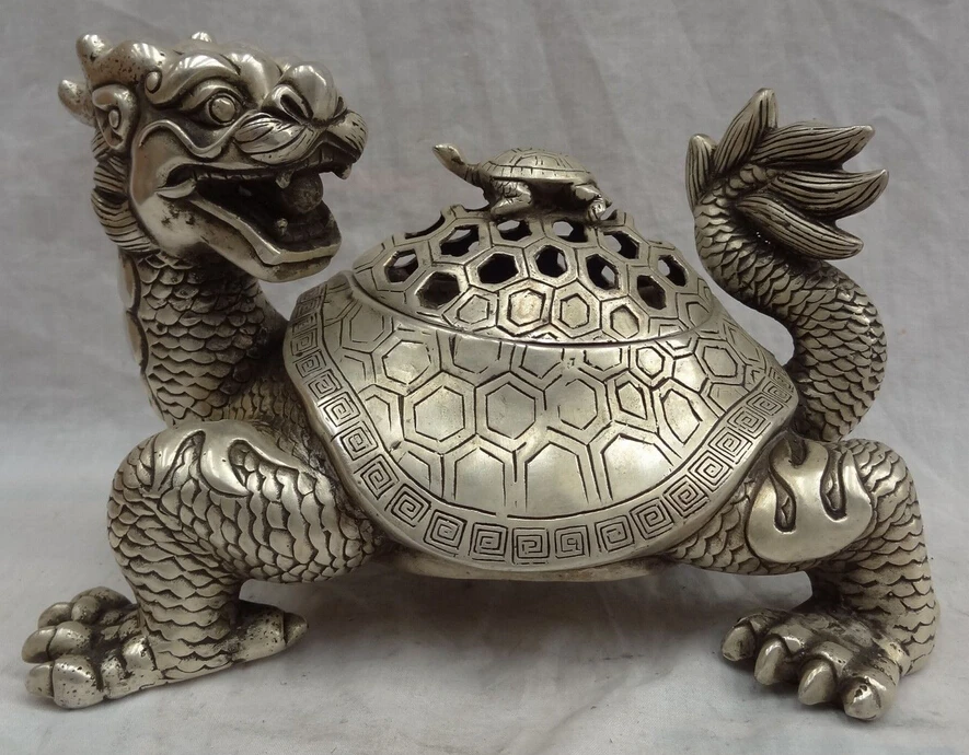 

Декоративная бронзовая фабричная розетка, тибетское Серебро 10 дюймов, Китайский серебряный единорог Shou Статуя Дракона черепахи Box, курильница для благовоний