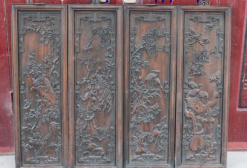 

35" Old Chinese HuaLiWood Tree Pine Lotus Bird Crane Peacock Pefolding screen
