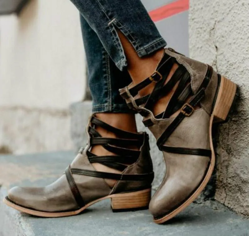 

sapato feminino women ankle boots shoes woman chunky mid heels pump vintage PU leather chaussure gladiator ladies booties TA0233