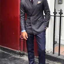 Британский стиль серый двойной Блейзер темно-синие брюки портной повседневный мужской костюм 2 шт. Свадебные вечерние костюмы для мужчин(куртка+ брюки) terno