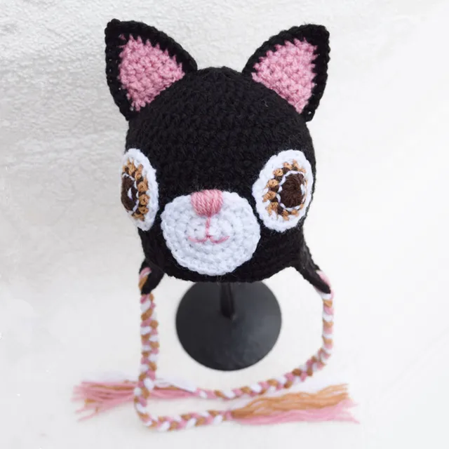 Novelty Black Cat Hat,Handmade Knit Crochet Baby Boy Gril Animal Hat