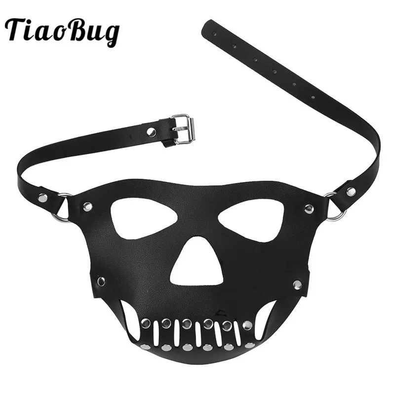 

TiaoBug Adult Gothic Black PU Leather Half Face Skeleton Mouth Skull Masks Scary Halloween Ghost Cosplay Costume Accessories