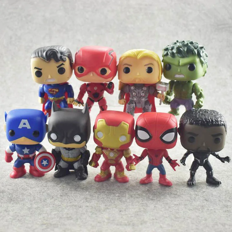 

9pcs/set DC Justice League & Marvel Avengers Flash Superman Spiderman Batman Thor Hulk Ironman Vinyl Figure Toys for Children