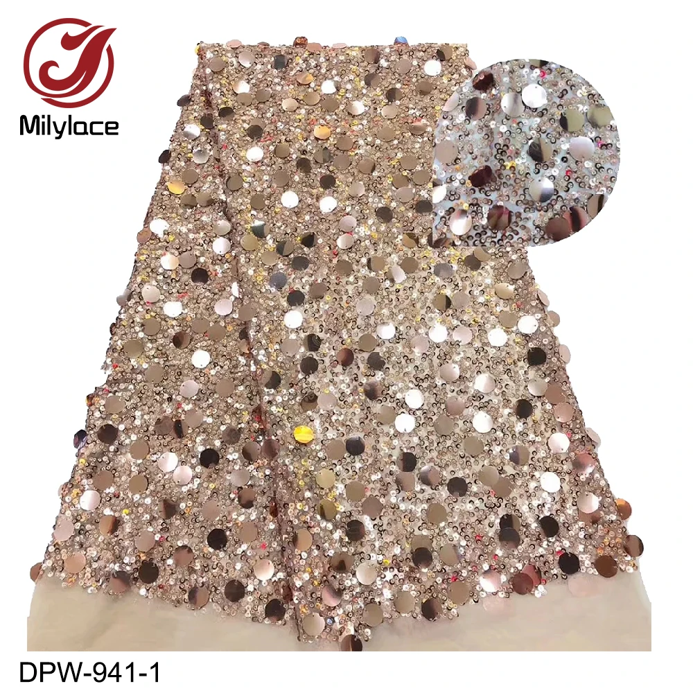 

Milylace Gold Color African lace fabric shiny sequins tulle lace fabric two-size sequence net lace for party dresses DPW-941