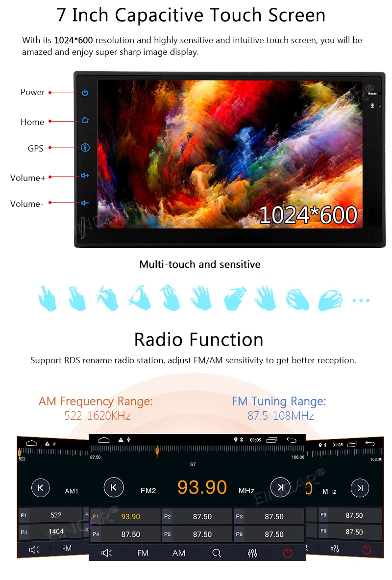 Top Eincar 7 inch Android 8.1 Car GPS PC Cassette Stereo 2 Din in Dash GPS Navigation Radio Receiver Bluetooth Navigation Head Unit 3