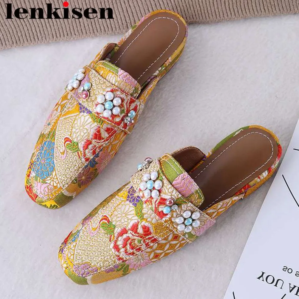 

Ethnic style oriental embroidery pearls decoration square toe slip on low heels women pumps fashion popular large size mules L03