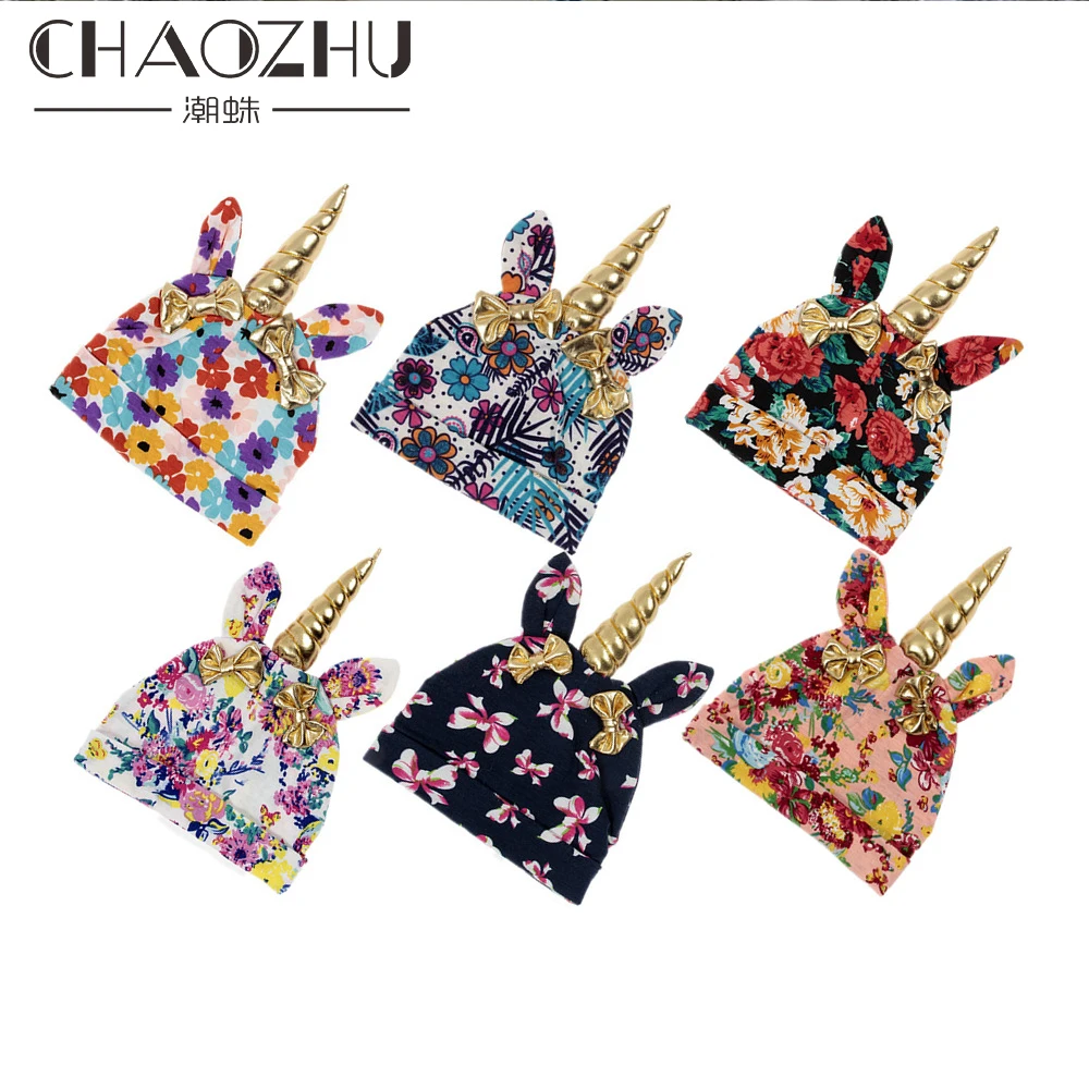 

2019 Fashion Children Baby Unicorn Hats Bohemia Flowers Printing Golden Unicorn Bow Tie Girls Birthday Gift Cute Headdress