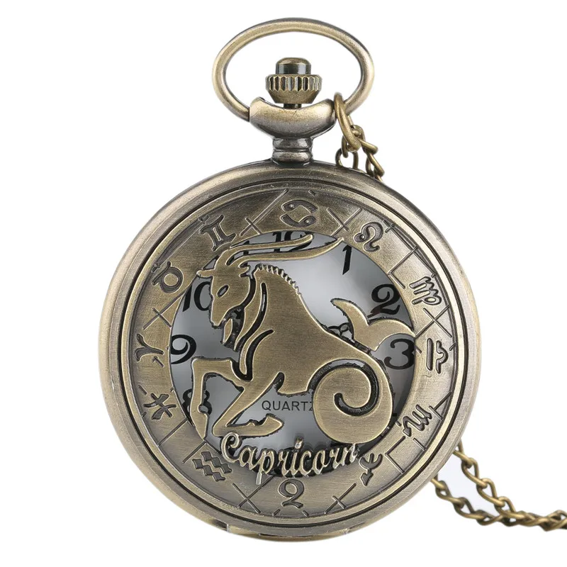 Zodiac Astrology Pocket Watch Antique Bronze Horoscope Capricorn Fob Hour Men Women Birthday
