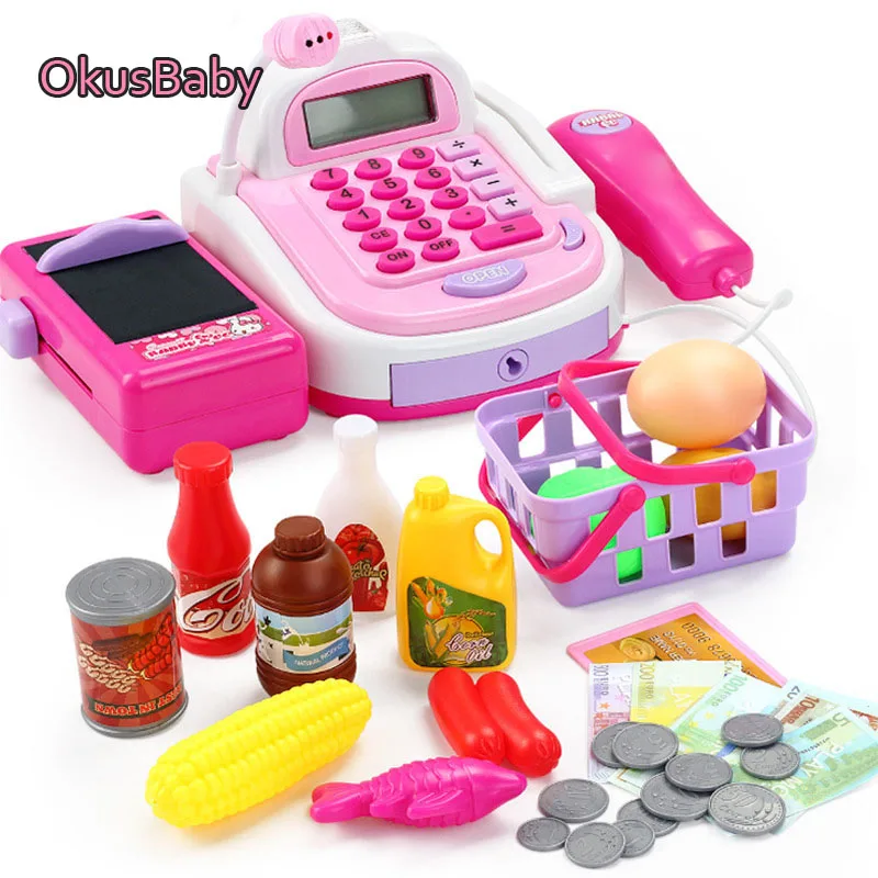 

2021 Newest Kids Plastic Cash Register Cashier Pretend & Play Children Early Educational Toy with Shopping Basket
