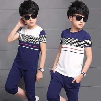 

Teens Boys Summer Cotton Stripe Sports Short Sleeve T shirt +Pants 2pcs Clothing Sets Tracksuit Suit For Boys Clothes Sets New