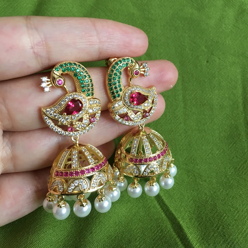 Индийский Болливуд Jhumka жемчужные серьги Искусственный жемчуг позолоченный Павлин Jhumki люстра невесты роскошные элегантные ювелирные изделия