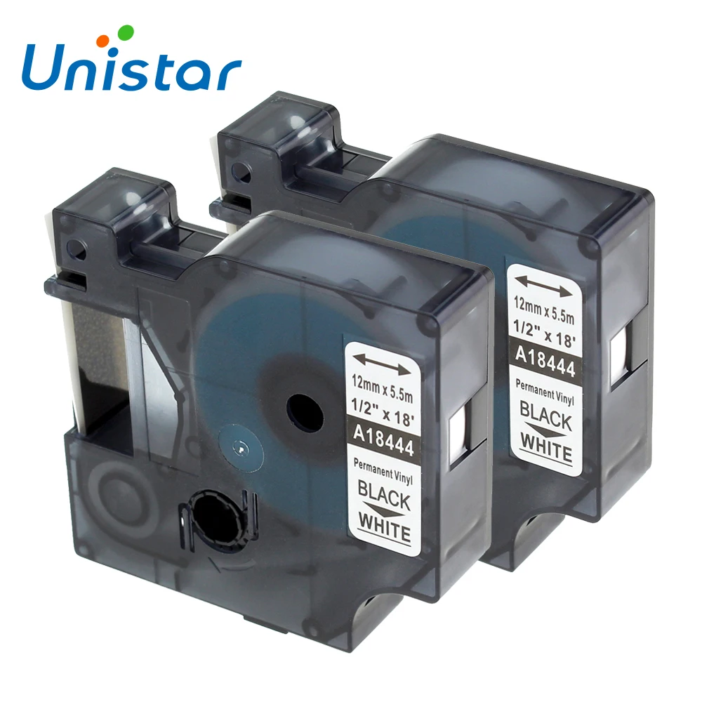 2 упаковки Unistar 18444 совместимы с промышленными виниловыми этикетками DymoTape черный