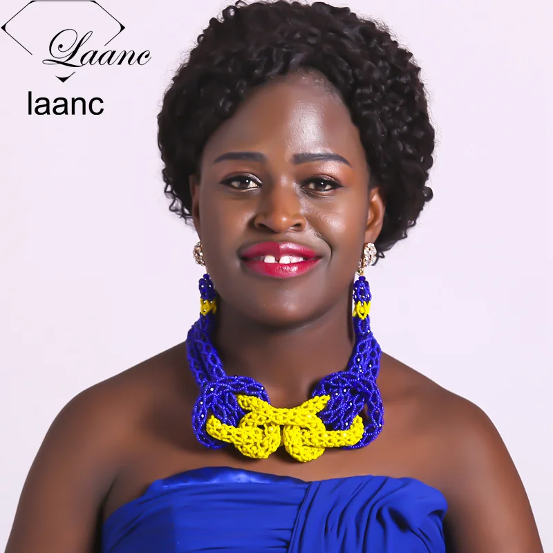 

Laanc Royal Blue and Yellow Nigerian Necklace African Beads Bridal Wedding Party Jewelry Set Women Necklace Earrings AL609
