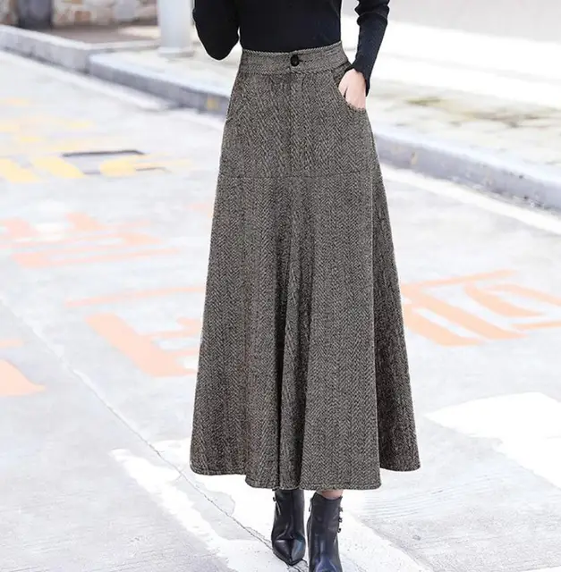 Vintage Striped Woolen Skirts Women Winter 2018 Fashion High Waist Office Wool Warm Pleated Long Skirt Casual Ladies Saia Longa coffe