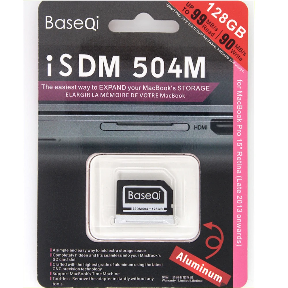 Алюминиевая карта памяти BaseQi Stealth Drive 128 ГБ/256 ГБ высокоскоростная SD для MacBook Pro Retina