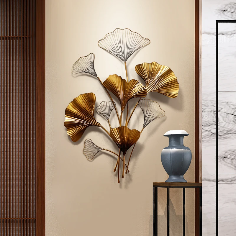 

New Chinese Wrought Iron Wall Hanging Ginkgo Pendant Wall Decoration Hotel Home Livingroom Wall Background Ornament Mural Crafts