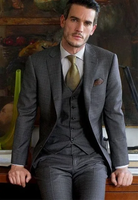 

2018 costume homme grey terno masculino Lapel suits man two button best man wedding tuxedos dress coat (Jacket+pants+vest)