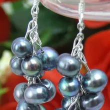 Натуральный 6-7 мм круглый черный жемчуг Висячие 2 Дюйма Серьги в виде гроздьев винограда& Стерлинговое Серебро 925 stud-ear149 /розничная