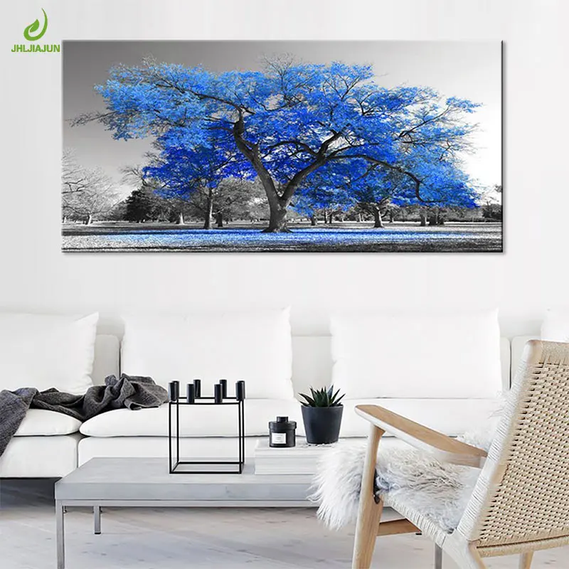 

JHLJIAJUN Nordic Canvas Painting Blue Tree Forest Landscape Horizontal Rectangle Picture Wall Art For Living Bedroom Decor