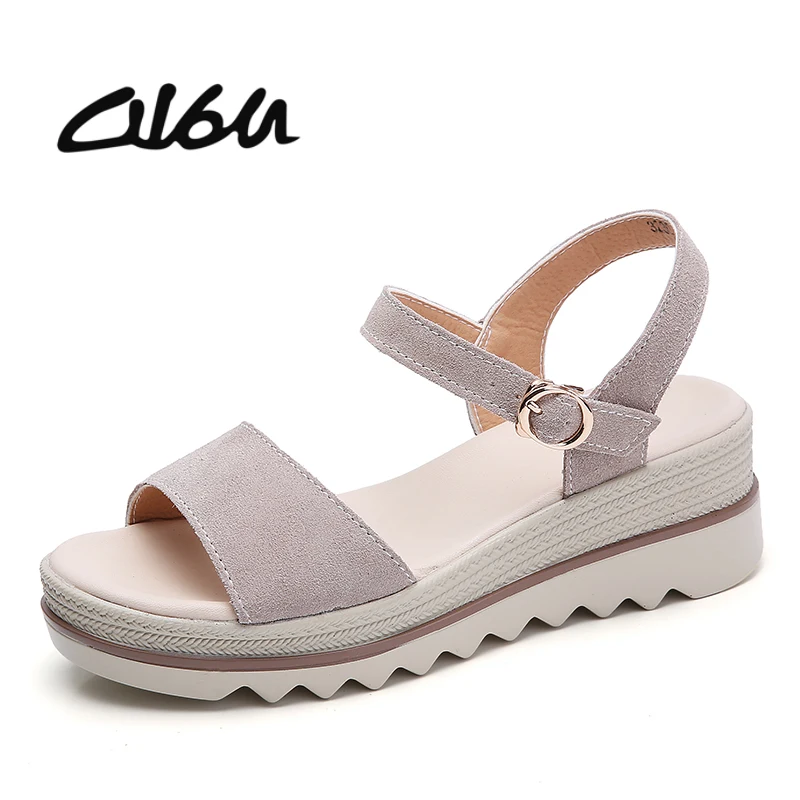 

O16U 2018 Summer Sandals Shoes Women Suede Leather Platform Sandals Shoes Peep Toe Beach sandals Thick Sole Black Shoes Female