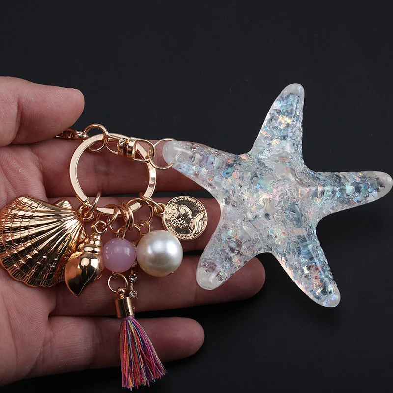 

KOMi Hot New Cartoon Sea World Starfish Pearl Shell Keychain Key Chain KeyRing Crystal Pendant Keychain Women Gift A40417