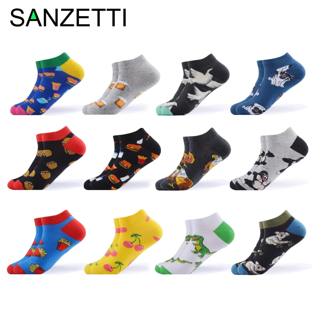 

SANZETTI 12 Pairs/Lot Casual Men's New Ankle Socks Combed Cotton Socks Colorful Fruit Animal novel Cool Pattern Dress Socks